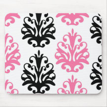 white pink and black chic damask mousemats
