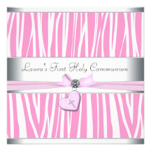 White Pink Zebra Heart Pink Cross First Communion Custom Invitation