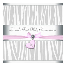 White Pink Zebra Heart Pink Cross First Communion Personalised Announcement