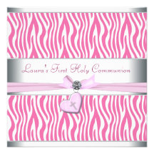 White Pink Zebra Heart Pink Cross First Communion Custom Invites