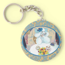 White Poodle Tea Party on Damask keychains