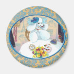White Poodle Tea Party on Damask Refrigerator Magnet
