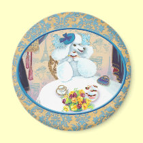 White Poodle Tea Party on Damask magnets
