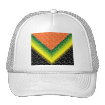 White pumpkin pattern on orange black yellow green trucker hat
