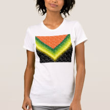 White pumpkin pattern on orange black yellow green t-shirt