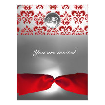 WHITE RED RIBBON DAMASK GEM STONE MONOGRAM PERSONALIZED ANNOUNCEMENTS