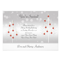 White Red Xmas Trees on Silver Holiday Party Card Personalized Announcement