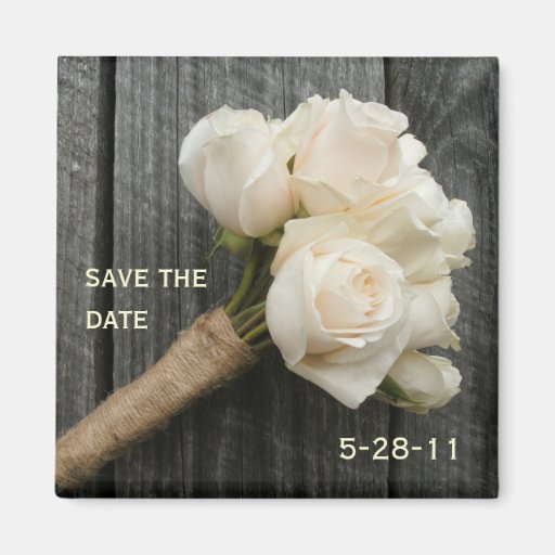 White Rose Bouquet and Barnwood Save The Date Fridge Magnets
