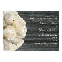 White Rose Bouquet & Barnwood Wedding Custom Invites