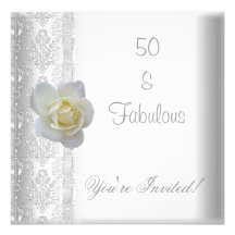 White Rose Flower Fabulous 50th Birthday Party Custom Announcements