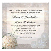 White Roses & Diamond Sand Dollar Wedding Custom Invites