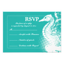 White seahorse light sea green summer wedding RSVP Invitation