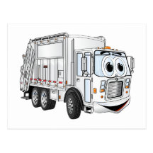 White Smiling Cartoon Garbage Truck Postcards