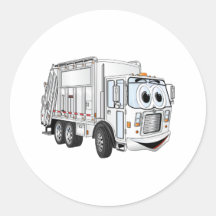 White Smiling Cartoon Garbage Truck Round Stickers