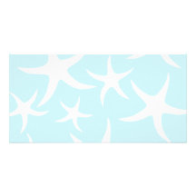 White Starfish Pattern on Light Blue. Personalized Photo Card