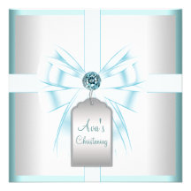 White Teal Blue Baby Baptism Christening Invitations