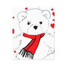 White Teddy Bear with Red Hearts Stretched Canvas Print