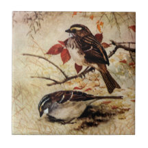 White-Throated Sparrows and Fall Leaves Ceramic Tile