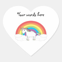 White unicorn on rainbow and clouds heart stickers