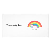 White unicorn on rainbow and clouds photo card template