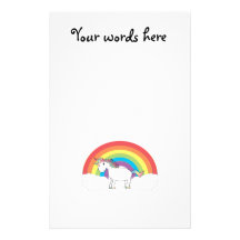 White unicorn on rainbow and clouds personalized stationery