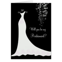 White Wedding dress on black Bridesmaid Request Cards