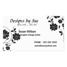 White with Black Flowers Business Card Template