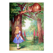 "WHO ARE YOU?" THE CHESHIRE CAT ASKS ALICE. GREETING CARD
