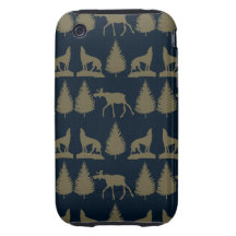 Wild Moose Wolves Pine Trees Rustic Tan Navy Blue iPhone 3 Tough Case