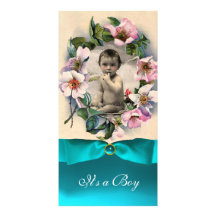WILD ROSES AND BLUE RIBBON BABY SHOWER PERSONALISED PHOTO CARD