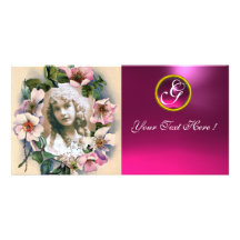 WILD ROSES WITH PINK FUCHSIA GEM STONE MONOGRAM CUSTOMISED PHOTO CARD