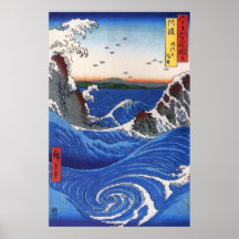 Wild sea breaking on the rocks, Hiroshige Posters