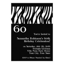 Wild Zebra Black w/White 60th Party Invitations