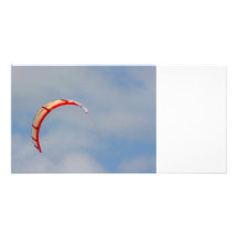 Windboard red sail against blue sky customized photo card