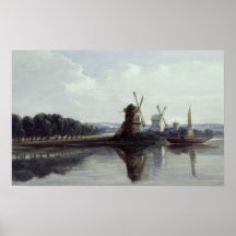 Windmills by a River, 19th century Print