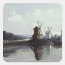 Windmills by a River, 19th century Square Stickers