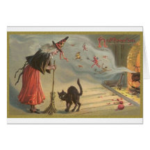Wintage Halloween Witch, Cat Greeting Cards