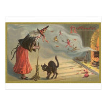 Wintage Halloween Witch, Cat Postcards