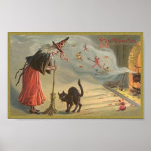 Wintage Halloween Witch, Cat Poster