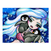 Winter Baby Penguins Mermaid Fantasy Art Postcard