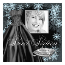 Winter Blue Snowflake Photo Sweet Sixteen Party Custom Invites
