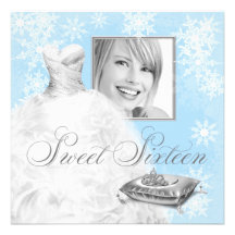 Winter Blue Snowflake Photo Sweet Sixteen Party Custom Announcement