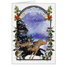 Winter Solstice Woodland Elf On Cat With Fawns Card