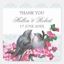 Winter Vintage Birds Wedding Thank You Favour Square Stickers