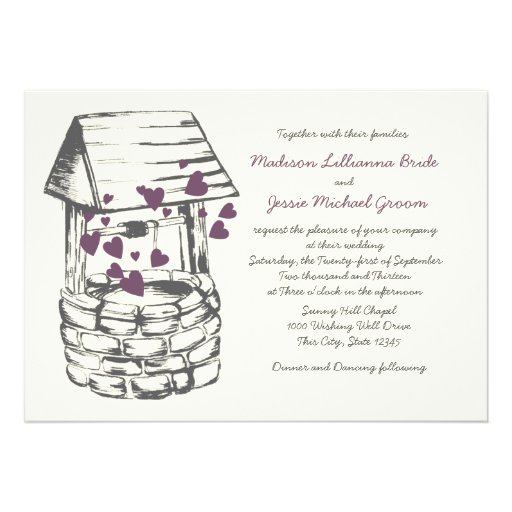 Wishing Well Wedding Plum Hearts Custom Invitations