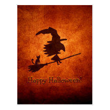 Witch and Cat Silhouette Flying on Broomstick Postcards