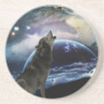 Wolf howling at the moon drink coaster