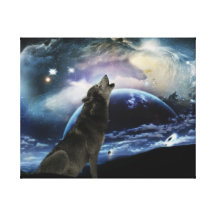 Wolf howling at the moon stretched canvas print