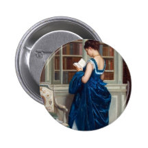 Woman in Blue, reading a Book Pinback Button