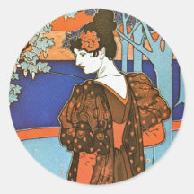 Woman with Peacocks – Louis Rhead Round Stickers